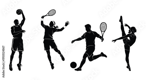 A striking black silhouette illustration showcases diverse athletic figures engaged in basketball tennis soccer and gymnastics high quality professional