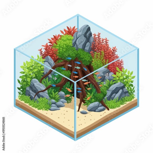 Beautifully Decorated Aquarium with Lush Greenery and Small Fish.