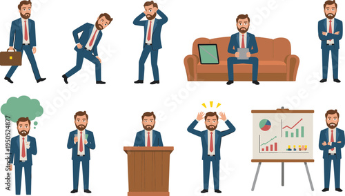 Cartoon businessman character set bearded man in suit various poses walking thinking stressed presenting confused professional expressions vector illustration collection.