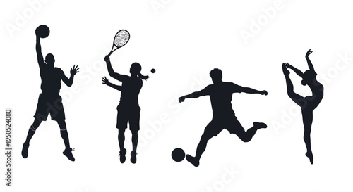 A dynamic black silhouette illustration depicts diverse athletic figures engaged in various sports activities showcasing movement high quality professional