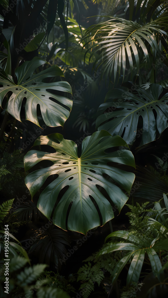 Fototapeta premium Close Up of Large Green Monstera Deliciosa Leaves in Dark Moody Jungle Atmosphere