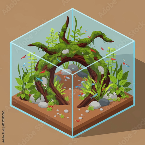 Aquatic Ecosystem Display with Lush Greenery and Driftwood.
