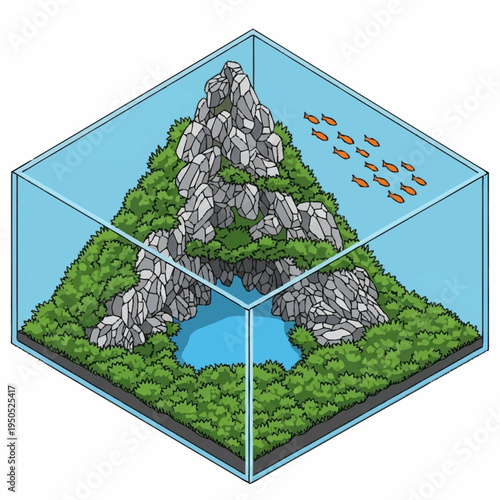 Aquatic Landscape With Mountainous Island And Fish.
