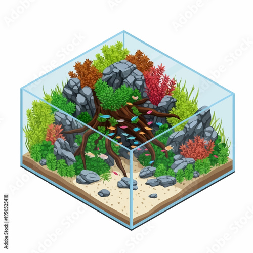 Beautifully Decorated Aquarium with Small Fish and Lush Plants.