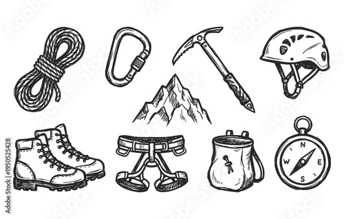 Black ink scribble doodle vector vintage hand drawn illustration of mountaineering gear, climbing rope, pickaxe, boots, and adventure tools.