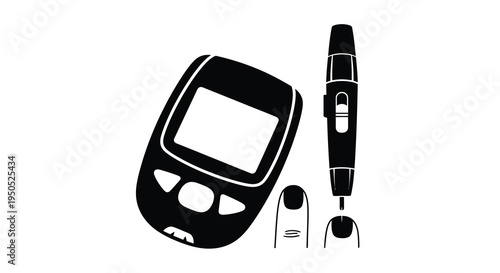 A stark black and white illustration depicts a glucose meter a lancing device and test strips symbolizing diabetes management high quality