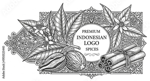 Premium Indonesian Spices Logo with Cinnamon, Nutmeg, and Leaves.