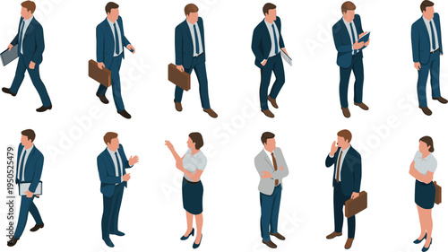 Isometric business people walking talking gesturing businessman businesswoman holding briefcase notebook folder professional office team characters vector illustration set.