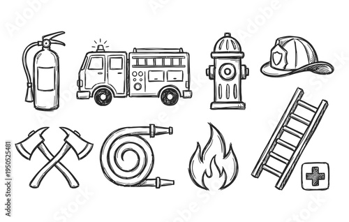 Black ink scribble doodle vector vintage hand drawn illustration of firefighting equipment, fire truck, extinguisher, hydrant, and helmet.