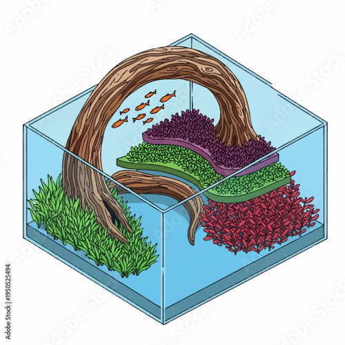 Aquatic Ecosystem with Driftwood and Vibrant Plants.
