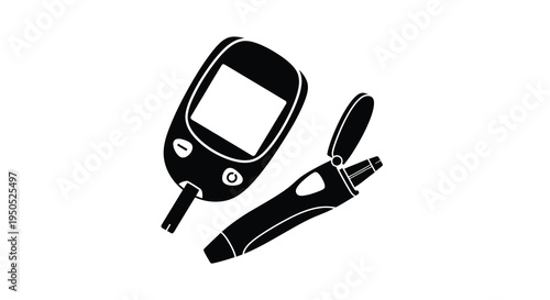 A stark black and white illustration depicts a blood glucose meter and a lancet essential tools for diabetes management and testing