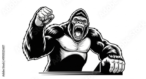 Aggressive Gorilla Illustration - Powerful Primate with Raised Fist.