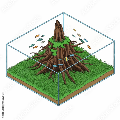 Aquarium Ecosystem With Lush Greenery And Small Fish.