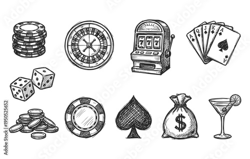 Black ink scribble doodle vector vintage hand drawn illustration of casino gambling, roulette, slot machine, poker cards, dice, and chips.
