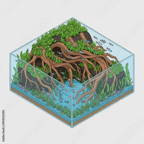 Exotic Aquarium Ecosystem with Lush Roots and Fish.