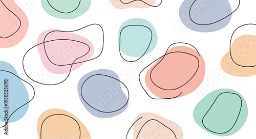 Colorful abstract background featuring artistic organic shapes outlined in black, filled with soft pastel hues. Modern retro pattern for creative design projects