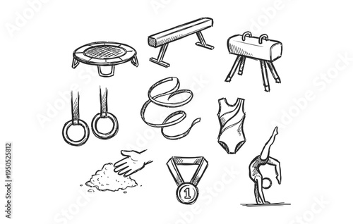 Black ink scribble doodle vector vintage hand drawn illustration of gymnastics sport, trampoline, pommel horse, rings, and athlete elements.