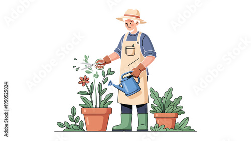 Nurturing Garden: A dedicated gardener cultivates his verdant haven, tending to his flourishing plants with care and precision, exemplifying the serenity of green spaces.