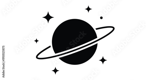 A simple black and white illustration of saturn with rings and surrounding stars