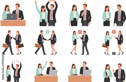 Isometric business team characters set meeting discussion handshake success failure negotiation arguing victory businessman businesswoman office professional poses vector illustration.