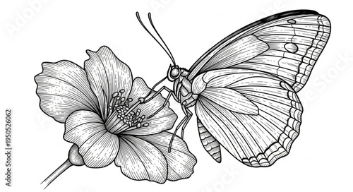 Detailed Butterfly Illustration on a Flower, Black and White.