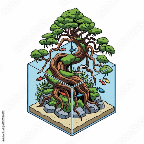 Isometric Aquarium Tree With Fish.
