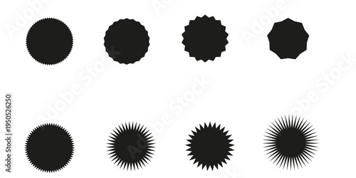 Circle sticker set. Wavy edge promo black badges. Star burst shape tags for price. Blank sale stickers. Simple silhouette. Flat vintage labels. Graphic illustration.