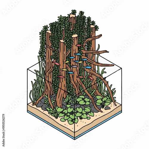 Aquatic Ecosystem With Lush Greenery And Small Fish.