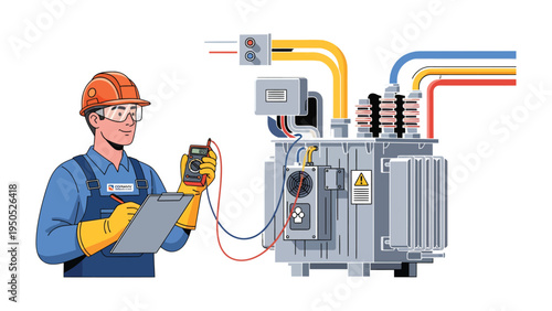 Technician in Action: A skilled technician diligently inspects and maintains industrial power systems, ensuring the reliable flow of electricity and a safe working environment.