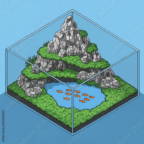 Isometric Miniature Ecosystem With Fish Pond and Mountain.