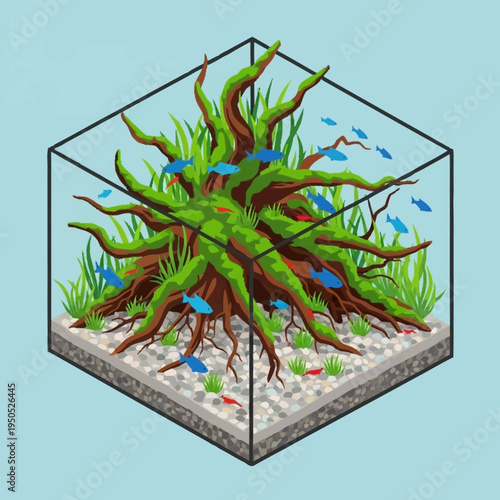 Vibrant Aquarium Ecosystem with Lush Greenery and Blue Fish.