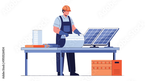 Sustainable Energy Technician at Work: An industry professional meticulously reviews blueprints while installing cutting-edge solar panels, a visual ode to a clean energy future.