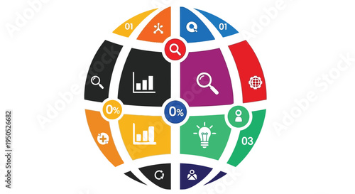 Colorful globe icon with various data and search symbols representing global connectivity