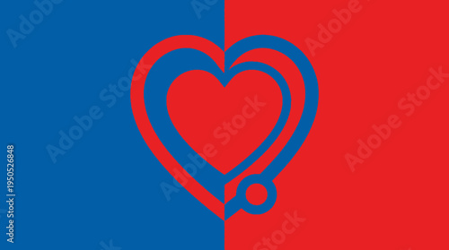 Graphic symbol of a heart and medical stethoscope, flat design with blue and red colors, representing health, care, and wellness