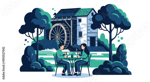 Couple Enjoying Coffee by Historic Watermill in Lush Green Landscape