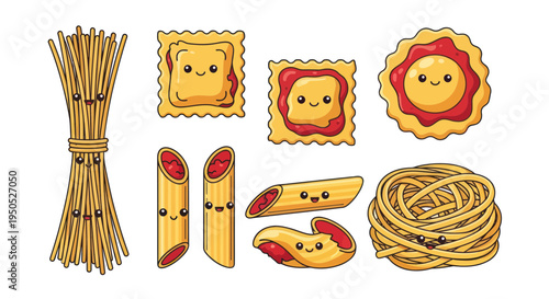 Cute Kawaii Pasta Characters - Spaghetti, Ravioli, Penne, Tortellini