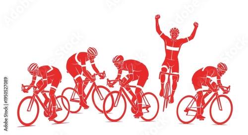 Cycling race winner with arms raised, group of cyclists in red.
