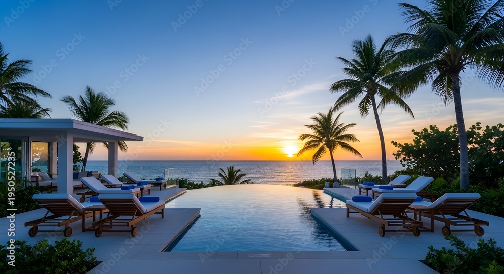 Fototapeta premium Luxury beachfront infinity pool at sunset with palm trees and ocean view in tropical resort