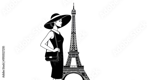 Elegant Woman in Hat and Dress with Eiffel Tower Illustration