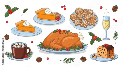 Festive Holiday Feast: Turkey, Pie, Cookies, Hot Chocolate, Cake, and Champagne