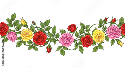 Floral Garland Border with Colorful Roses and Green Leaves - Decorative Element