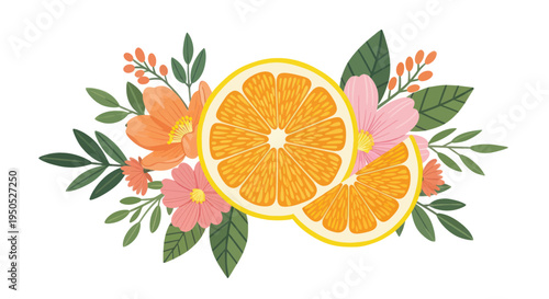 Fresh Orange Slices with Pink and Orange Flowers and Green Leaves, Citrus Botanical Arrangement