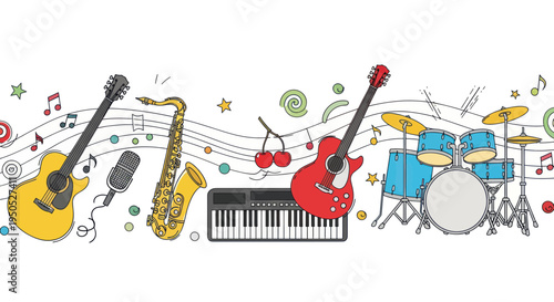 Hand-drawn musical instruments and notes on white background, vibrant music concept
