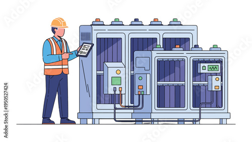 Industry Technician Inspecting Machinery: An industry technician meticulously examines complex machinery with a digital tablet, demonstrating precision and expertise in a technological setting. 