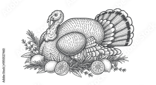 Hand-Drawn Turkey with Eggs, Lemons, and Herbs - Thanksgiving Illustration