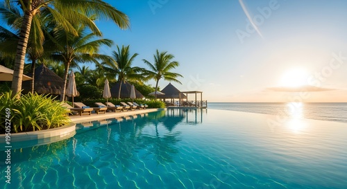 Luxury infinity pool at sunset with palm trees and ocean view in tropical resort