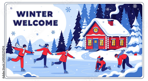 Happy People Ice Skating in Snowy Winter Landscape with Cozy Cabin