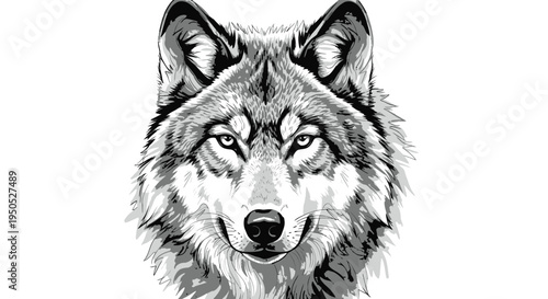 Intense Wolf Portrait, Majestic Wild Animal, Grayscale Vector Art