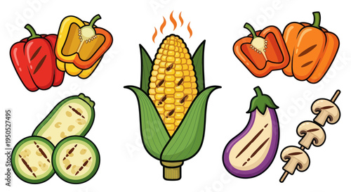 Healthy Grilled Vegetables Assortment: Corn, Peppers, Zucchini, Eggplant, Mushrooms