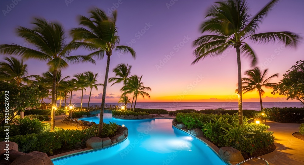 Fototapeta premium Luxury tropical resort infinity pool at sunset with palm trees and ocean view